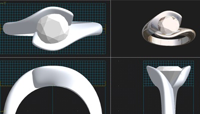 婚約指輪リフォームの3DCAD設計画面と立体イメージ