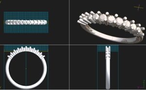 アニバーサリーリングの3DCAD設計を複数ビューで確認している画像
