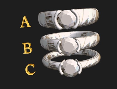 ソリテールリングの3DCADデザイン案をA・B・Cで比較した画像