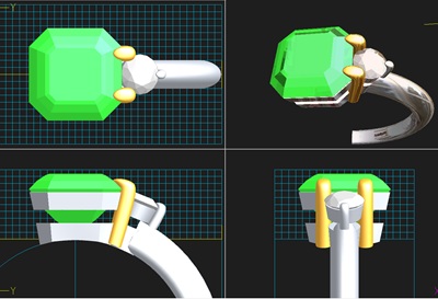 エメラルドリングの3Dデザインを多方向から確認している画面