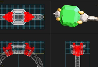 リングの石座や爪の位置を細かく確認している3D設計画面