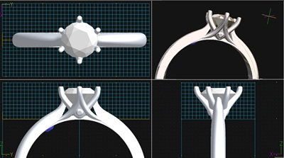 ダイヤモンドリングのCAD設計画面を複数方向から表示した画像