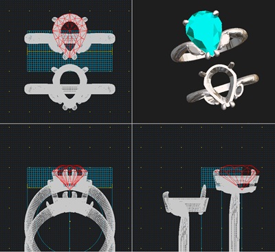 リングデザインのCAD画面を四方向から表示したスクリーンショット