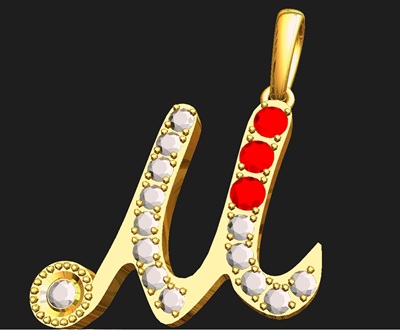 ルビーとダイヤモンドを配置したMペンダントの完成イメージ