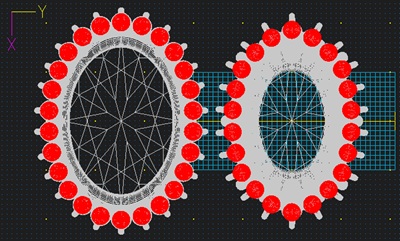 3D CADソフト上で設計されたペンダント枠の平面図。中心の石の周囲に赤い点で示されたパールの配置が並んでいる。