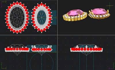 ペンダントのデザインを上、横、斜めの4方向から確認できるCADの4分割画面。