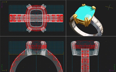 ジュエリーCADソフトウェアで作成したリングの4方向3Dワイヤーフレームと3Dレンダリング画像