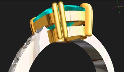 ジュエリーCADの3Dレンダリング、ゴールド爪とパライバトルマリン・プラチナアームのリングサイドビュー