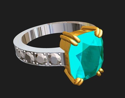 ジュエリーCAD完成3Dレンダリング、パライバトルマリンのクッションカットリングの正面斜め45度アングル