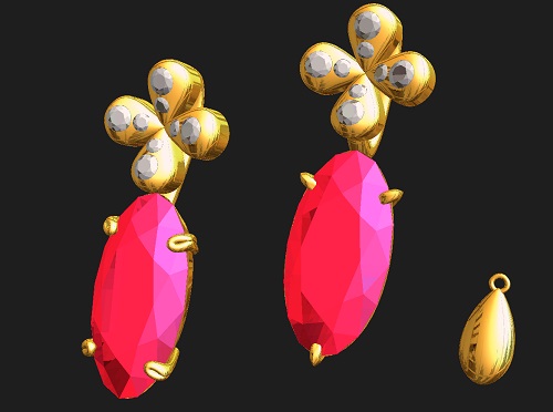 お花モチーフと赤い石を組み合わせたペンダントのCAD提案画面（4本爪・3本爪）