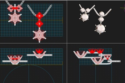 3D CADで作成された、ダイヤを三角形に配置したデザイン案の画面