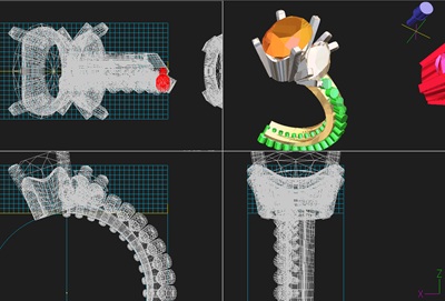3D CADで設計中の2つのメインストーンが並ぶリングの画面