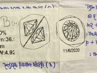 ペアダイヤモンドのソーティングメモと証明書。2つのダイヤが並んでいる。