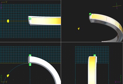 結婚指輪の3D CAD画面。指輪の内側にシークレットダイヤモンドとしてペアダイヤを配置する位置を決めている。