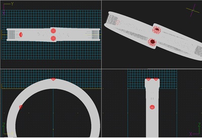 レディースリングの3D CAD画面。上面に2つのダイヤモンド(2ピース)を配置するデザイン。
