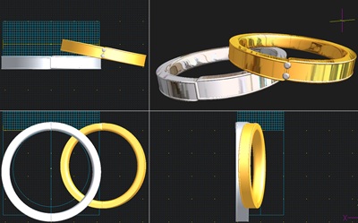 メンズとレディースの両方のリングの3D CAD画面。デザインは同じで、メンズの方がわずかに大きく幅広。レディースは750ゴールド(K18)、メンズは900プラチナ(Pt900)製。
