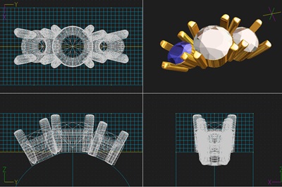 3D CAD上で設計された3つの宝石を配置したリングのワイヤーフレーム図