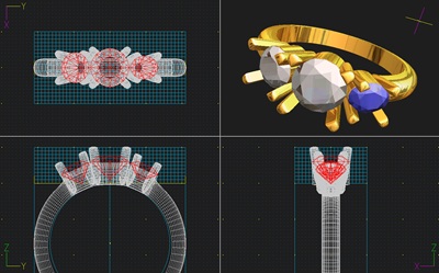 多角的な視点から確認できるリングの3Dモデリング画面