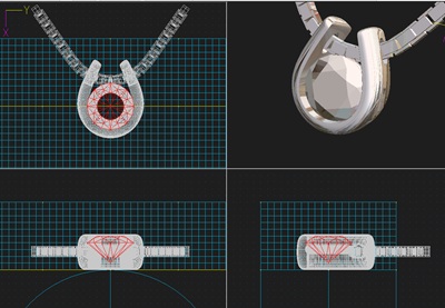 3DCAD(JCAD)の設計画面。ペンダントの構造を多角的に検証。