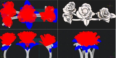 3D CAD画面上に表示された、バラの花が敷き詰められた2本指リングの設計図。