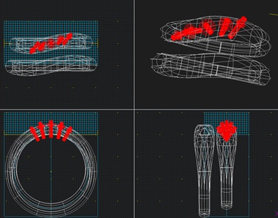 ジュエリーCADソフトの画面。左側には薬指にはめられたウェーブ状の結婚指輪の3Dモデル、右側にはその詳細な設計データ。