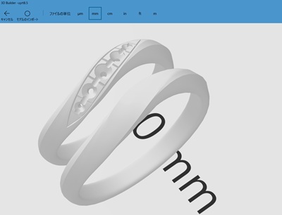 3D Builderソフトウェアの画面。完成したペアリングの3Dモデルが表示され、出力設定を行っている。