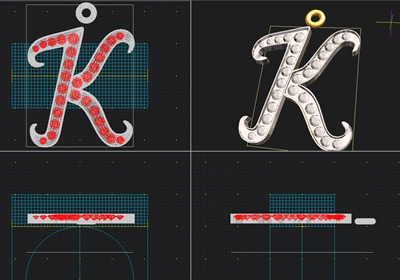 ジュエリーCADソフトの画面。イニシャル「K」のペンダントの正面、透視図、上面、側面の4画面分割表示。