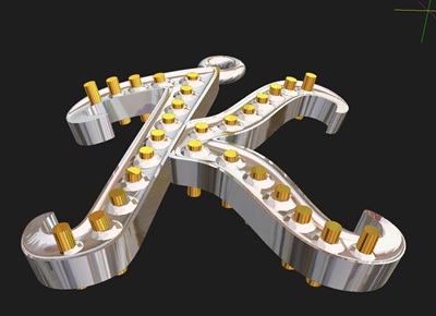 イニシャル「K」の3Dモデル。ダイヤモンドを留めるための金色の爪が並んでいる様子。