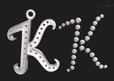 穴の開いた「K」のペンダント枠と、石だけを並べた「K」の形状を左右に並べた比較画像。