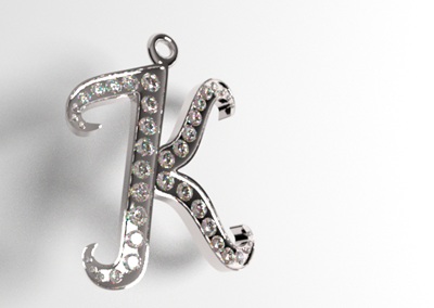 プラチナ素材の質感を再現した、ダイヤモンドが敷き詰められた「K」の完成イメージ