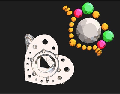 ダイヤモンドのサイズ別色分け配置図、精密留めのシミュレーション