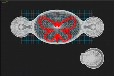 ジュエリーの土台裏側に蝶のモチーフが彫られた3D CADデータ。