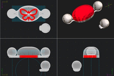 プラチナの枠に赤琥珀と2つの真珠がセットされた完成予想のCG画像。