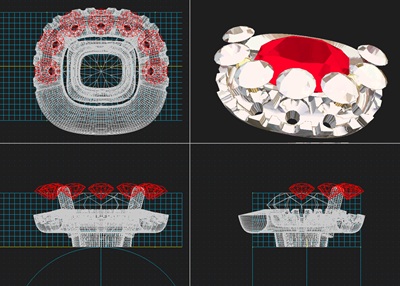 3D CAD画面。中央のルビーを囲むように、複雑に設計された金属の石座を上から見た図。