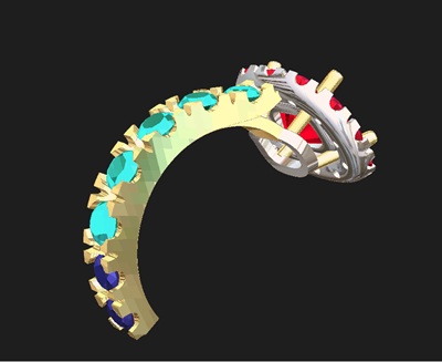 3D CAD画面。リングのアーム部分をアップにした視点。アーム側面に、スリ留め用のダイヤを落とし込む穴と爪が設計されている。