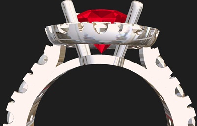 3D CAD画面。リングを斜めサイドから見た視点。メインルビーの下にアーチ状の透かし（光抜け）が設計されている。