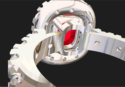 3D CAD画面。リングを裏（内側）から見た視点。アームの内側が滑らかなカーブで設計されている。