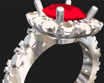 3D CAD画面。別角度から見たルビーを留める4本爪と、取り巻きダイヤモンドの設計図。