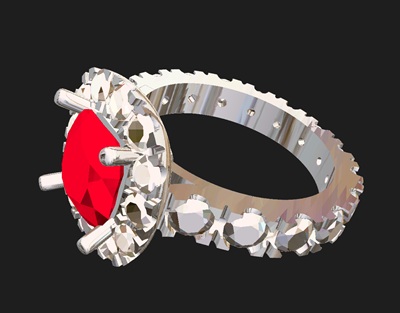 完成したルビーのフルエタニティリングの3D CAD設計データ全体図。