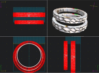 3D-CAD上で設計された槌目模様の指輪モデル
