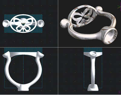 アンバーを配置する座の部分に蝶の形が彫り込まれた3D CAD画面