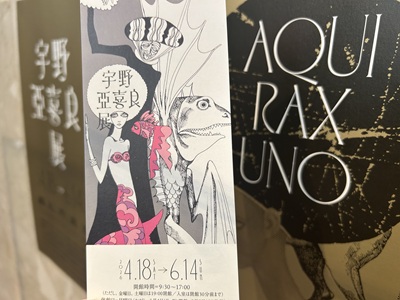 「宇野亜喜良展」の縦型の案内チラシ。背景には展覧会のポスターが写っている。