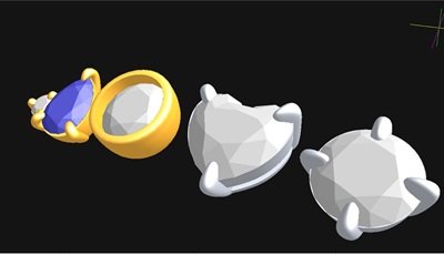 3D CAD画面上で4つの宝石が一列に美しく並んだデザインデータ