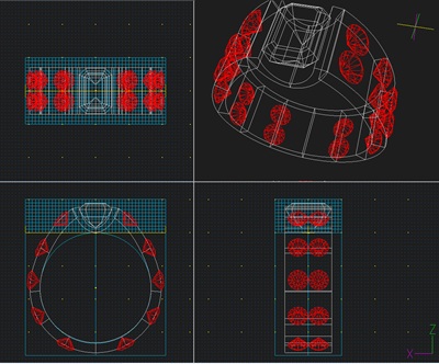 ピンクサファイアとダイヤモンドを配置した3D CADの設計画面。