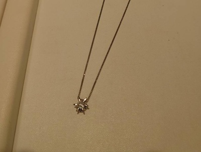 太くがっしりとした6本爪の古いプラチナ枠に留められた、お婆様の一粒ダイヤモンドペンダントの全体写真