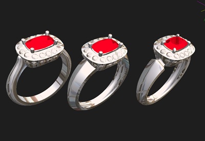 3D-CADのデジタル画面上に並ぶ、華やかなメレダイヤモンドの取り巻きで構成された3つの異なるリングアームデザイン