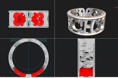 3D-CAD画面に映し出された、4分割のアングルから確認できる、名前の文字自体がリングの壁面を構成している立体的なネームリングの完成シミュレーション画像