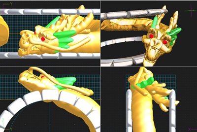 3D-CADの黒い背景上で、ゴールドとグリーンに色分けされたリアルな龍の頭部が多角的な視点から精密にモデリングされている画面