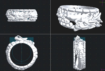 3D-CAD画面に映し出された、リング全体の全周にわたって雲や鱗、そして龍の身体が巻き付いている白い3Dメッシュモデル