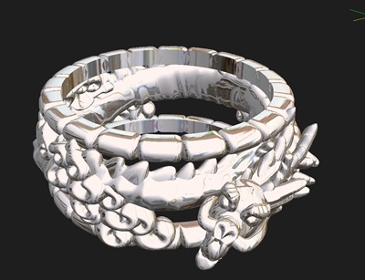 3D-CAD画面上でシルバーの金属光沢をもった、立体感のある龍リングの完成レンダリング画像